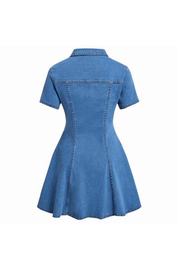 Women Denim Dress Button Down Close Short Sleeve A-Line Cotton Jean Dress Light Blue XL