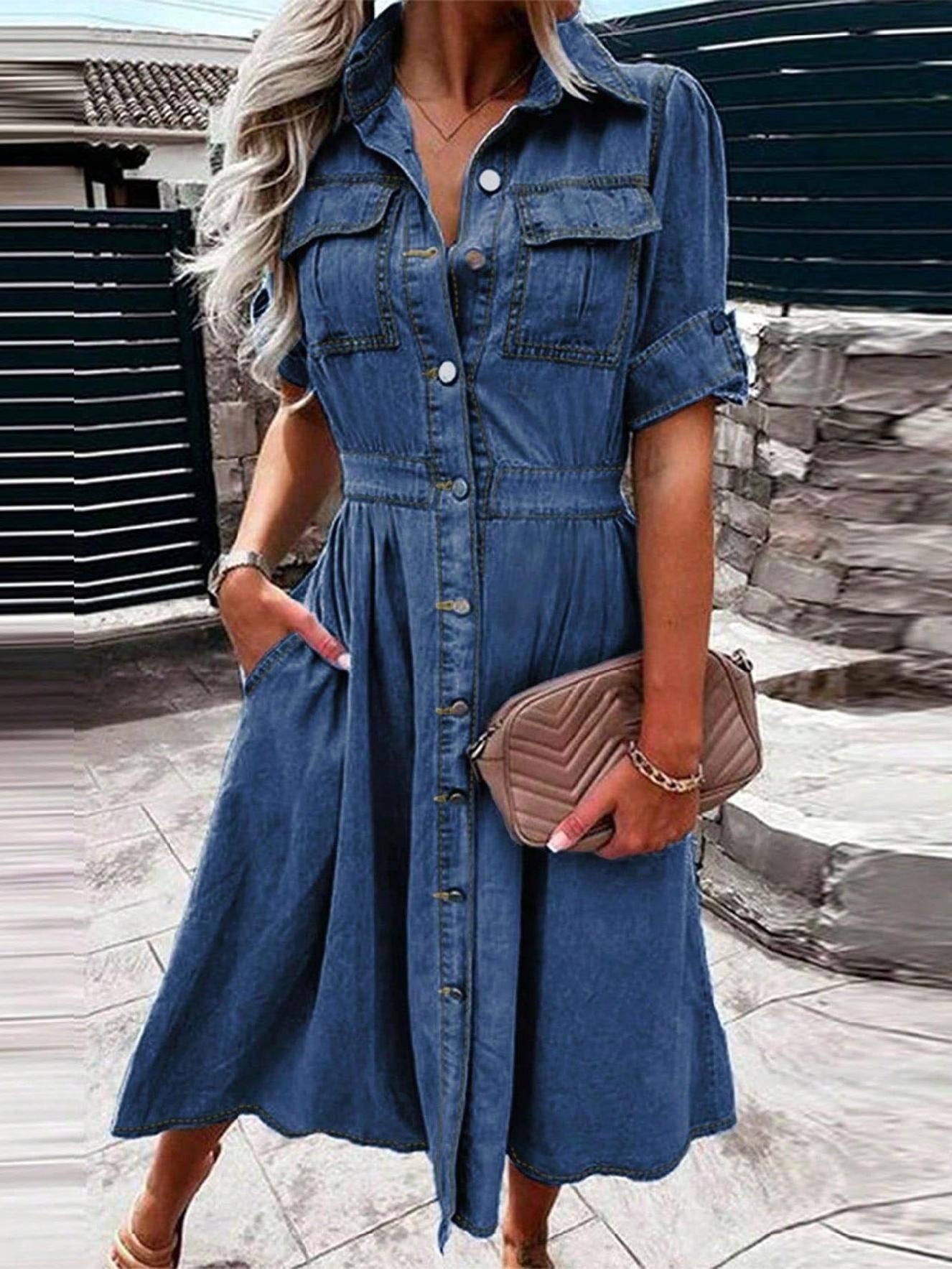 Women Denim Dress Elbow-Length V-Neck Plain Long Skirt Casual Dark Wash -  Walmart.com