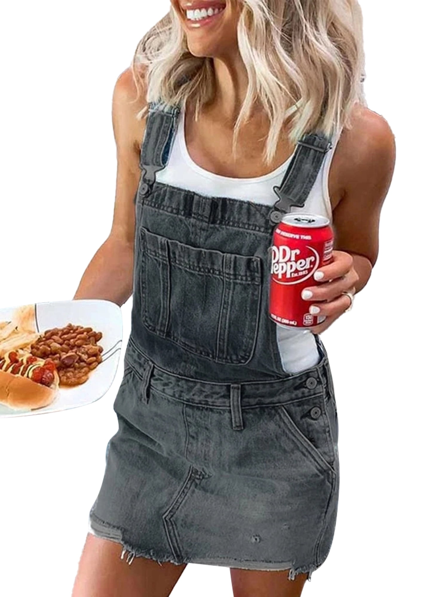 Women Denim Dress Suspender Skirt Adjustable Strap Overalls Bib Skirt Jeans Jumpsuit with Pockets