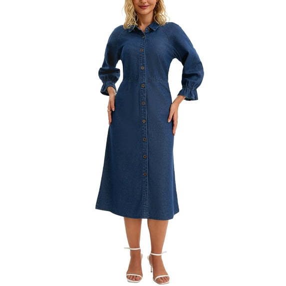 INSPIRE CHIC Women's Jean Dress Loose Fit 3/4 Sleeve Button Down Midi Denim Dress 2XL Dark Blue