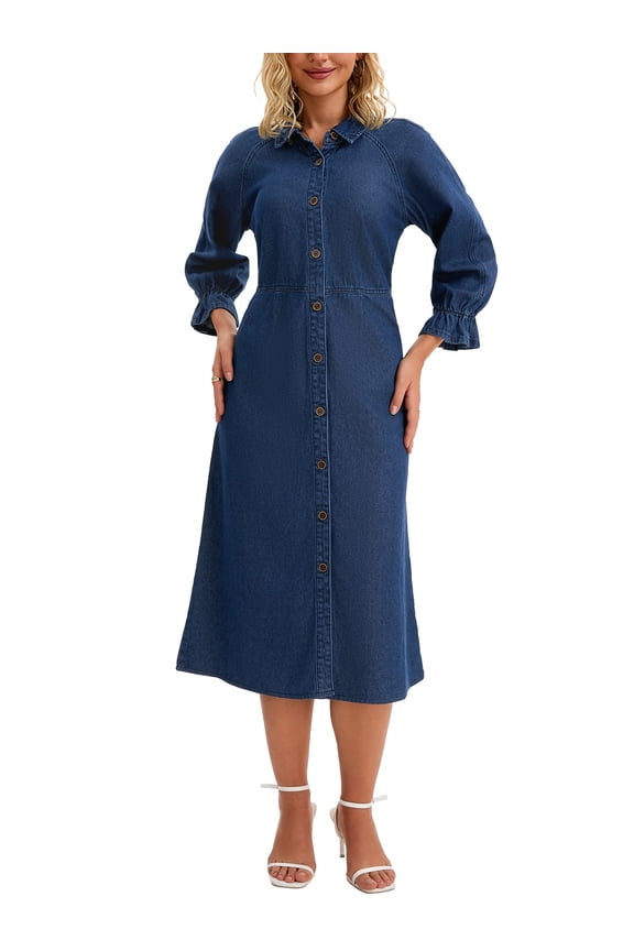 Women's Jean Dress Loose Fit 3/4 Sleeve Button Down Midi Denim Dress XL Dark Blue
