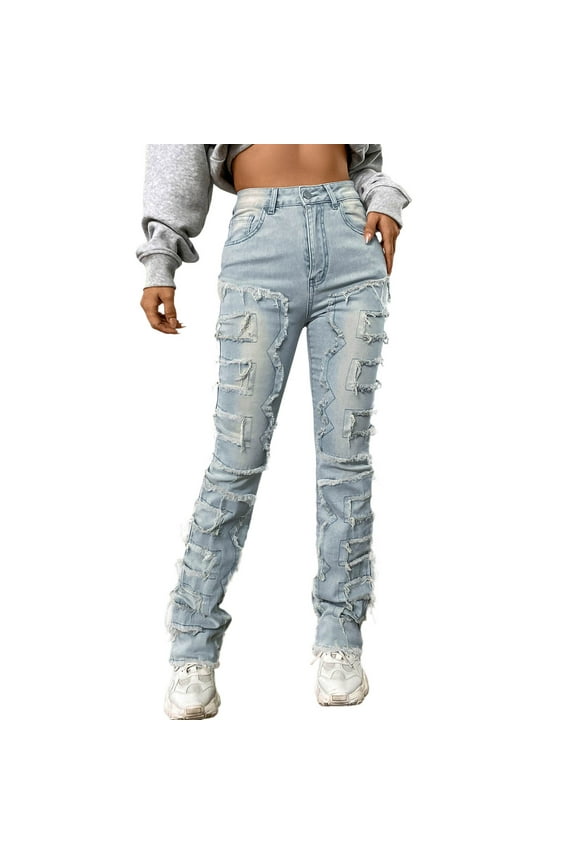 Women Denim Embroidered Straight Leg Pants Stretch Patch Denim Stacked Straight Leg Jeans For Women