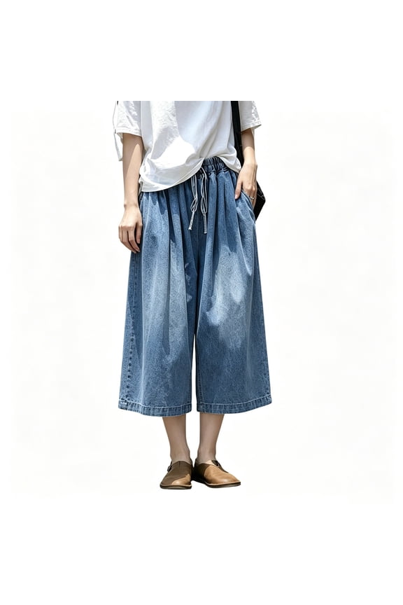 Women Denim Gaucho Pants, Cropped Wide Leg Denim Pants for Summer, Elastic High Waisted Denim Culottes, Breathable Airy Denim Trousers for Casual Daily Wear