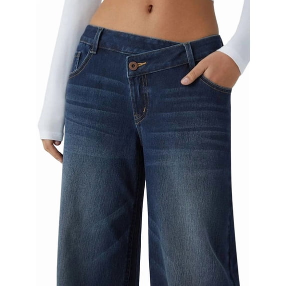 Women Denim High Waist Pocket Wide Leg Jeans XS