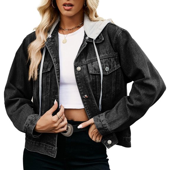 Women Denim Jacket Casual Long Sleeve Denim Jacket Lapel Buttoned Washed Outerwear With Detachable Hood