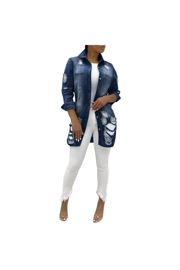 Women Denim Jacket Casual Long Sleeve Distressed Ripped Button Down Jacket