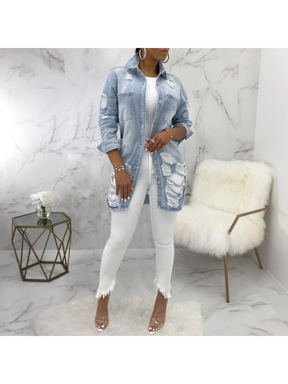 Women Denim Jacket Casual Long Sleeve Distressed Ripped Button Down Jacket Denim Long Sleeve Denim Jacket And Hoodie Denim Romper Women Vintage Duster Jacket Women Jean Jacket Women Cropped Womens