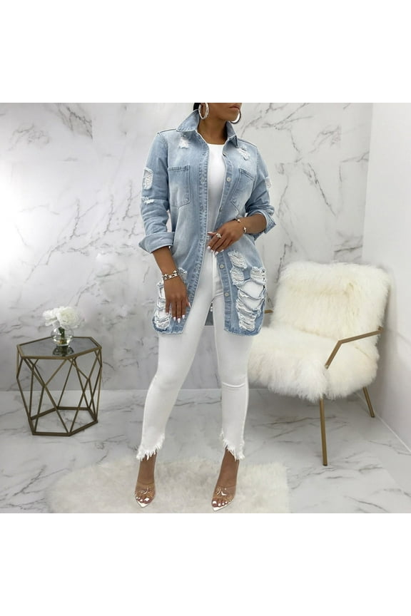 Women Denim Jacket Casual Long Sleeve Distressed Ripped Button Down Jacket Denim Long Sleeve Denim Jacket And Hoodie Denim Romper Women Vintage Duster Jacket Women Jean Jacket Women Cropped Womens