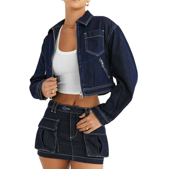 Women Denim Jacket, Long Sleeve Turn-down Collar Zipper Closure Fall Jacket Streetwear with Pockets