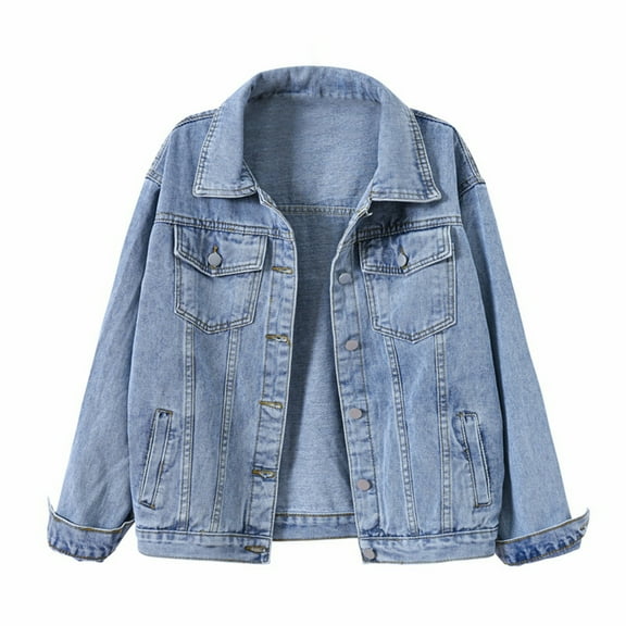 Women Denim Jacket Oversized Casual Button Up Boxy Jean Jackets Drop Shoulder Long Sleeve Trucker Coat with Pocket Blue S