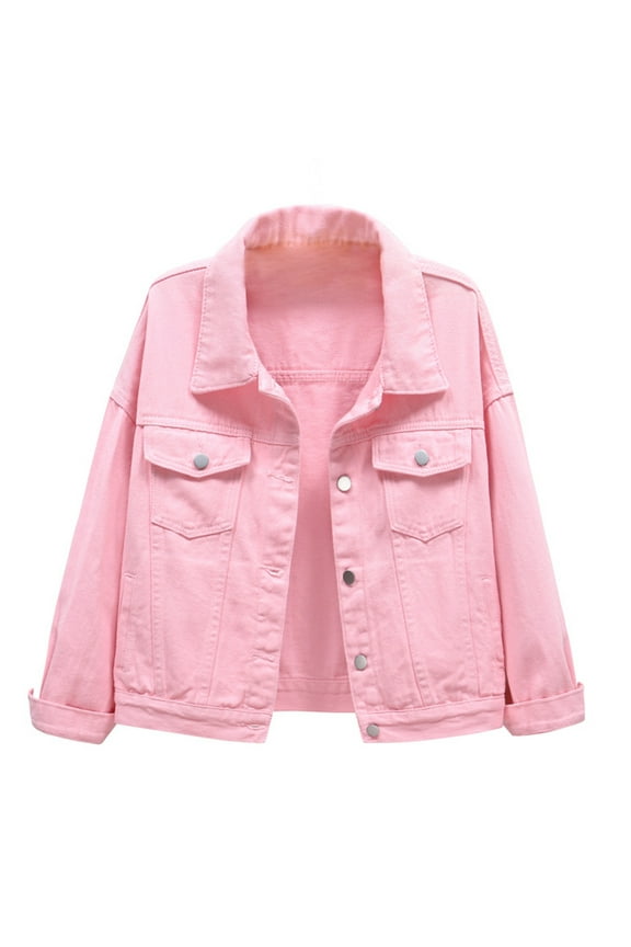 Women Denim Jacket Oversized Casual Button Up Boxy Jean Jackets Drop Shoulder Long Sleeve Trucker Coat with Pocket Pink XXL