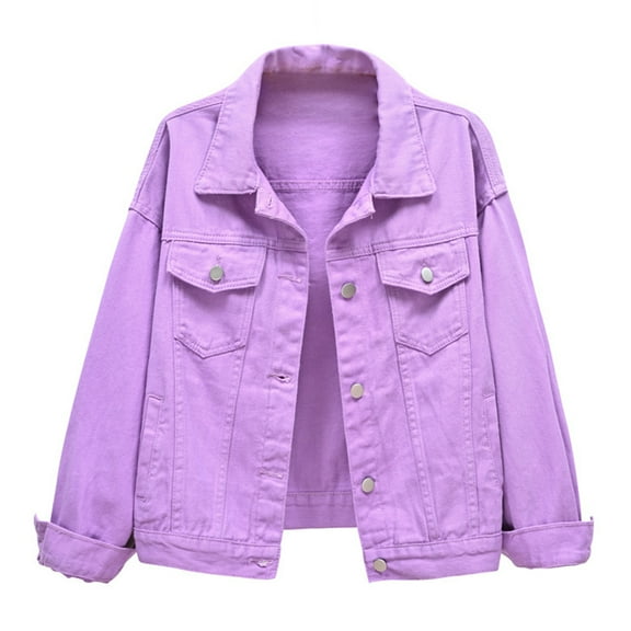 Women Denim Jacket Oversized Casual Button Up Boxy Jean Jackets Drop Shoulder Long Sleeve Trucker Coat with Pocket Purple M