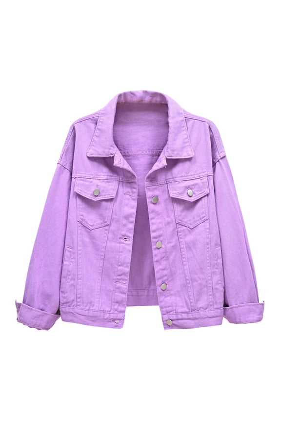Women Denim Jacket Oversized Casual Button Up Boxy Jean Jackets Drop Shoulder Long Sleeve Trucker Coat with Pocket Purple S