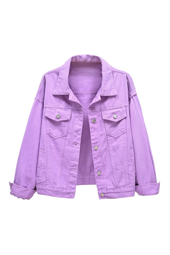 Women Denim Jacket Oversized Casual Button Up Boxy Jean Jackets Drop Shoulder Long Sleeve Trucker Coat with Pocket Purple XS