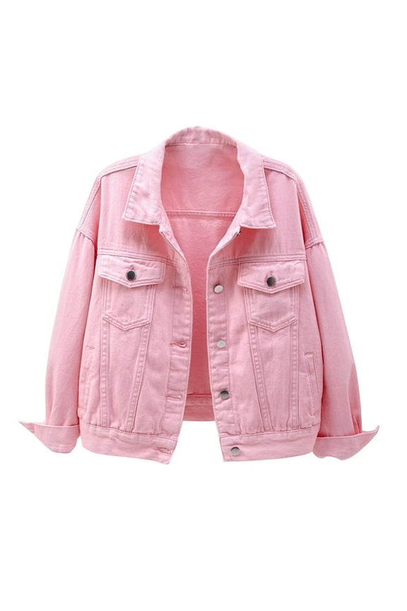 Women Denim Jacket Plain Long Sleeve Original Trucker Jacket Casual Loose Solid Flight Tops Candy Color Autumn Winter Outwear Boyfriend Jean Jacket with Pockets