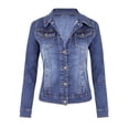 thumbnail image 1 of Women Denim Jacket Retro Single-breasted Slim Fit Turn-down Collar Long Sleeves Solid Color Flap Pockets Lady Coat Commuting Shopping Jacket, 1 of 8