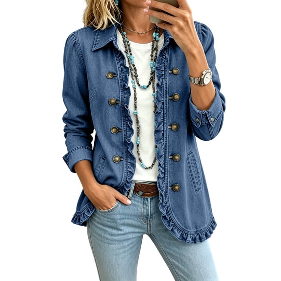 Women Denim Jacket Ruffle Placket & Hem Long Sleeve Double Breasted Jackets Casual Loose Fit Jean Coat with Pockets Dark Blue S