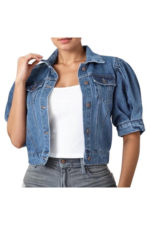 Women Denim Jacket Short Sleeve Puffed Sleeve Skin Friendly Durable Stylish Versatile Wear