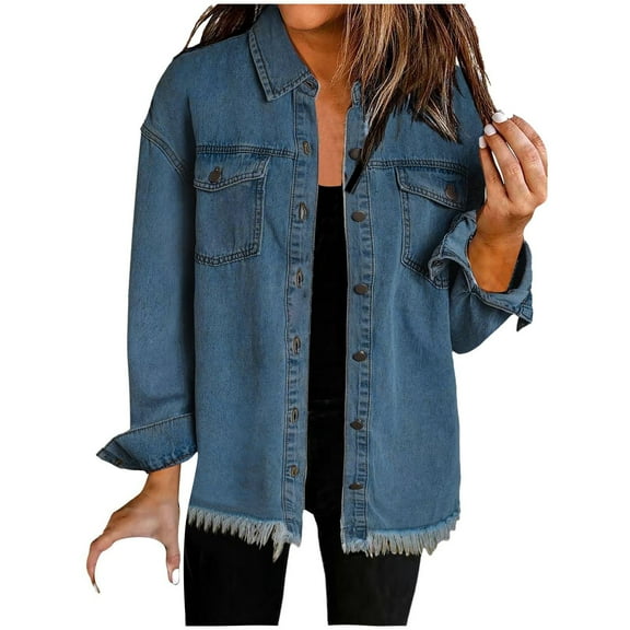 Women Denim Jackets Loose Y2k Jean Shirt Shackets Button Up Casual Long Boyfriend Frayered Hem Outwear Tops (XL, Blue)