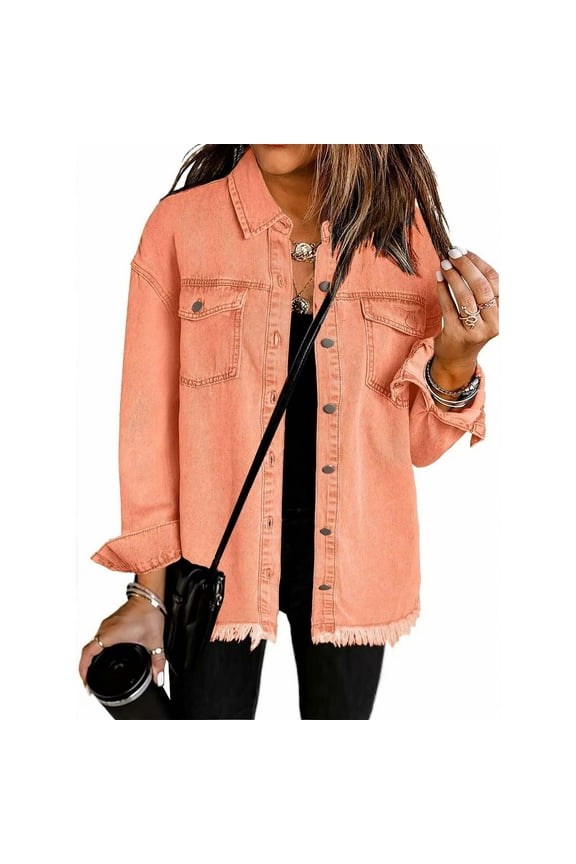 Women Denim Jackets Loose Y2k Jean Shirt Shackets Button Up Casual Long Boyfriend Frayered Hem Outwear Tops (XL, Orange)