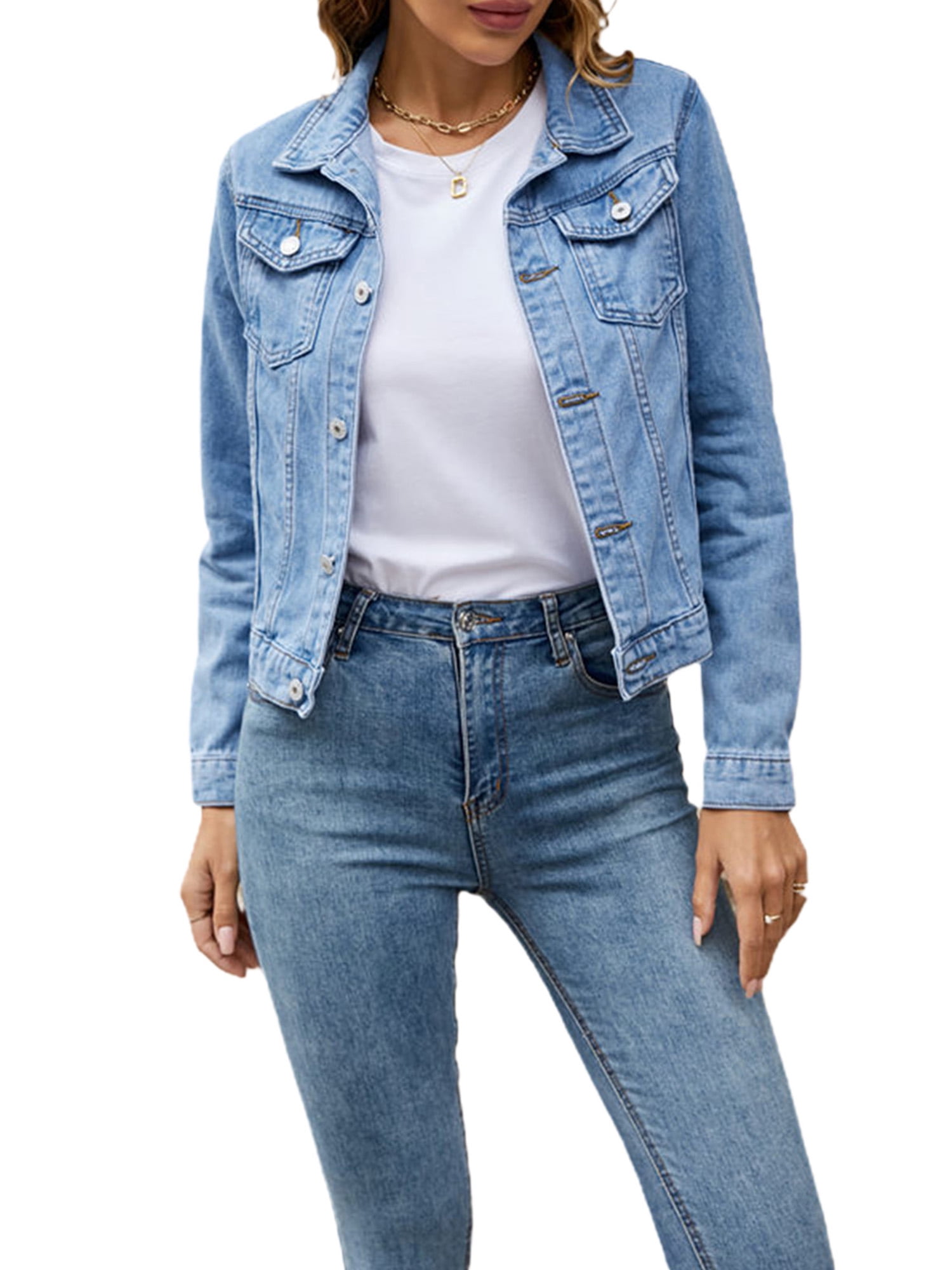 Women's Basic Button Down Stretch Fitted Long Sleeves Denim Jean Jacket -  Walmart.com
