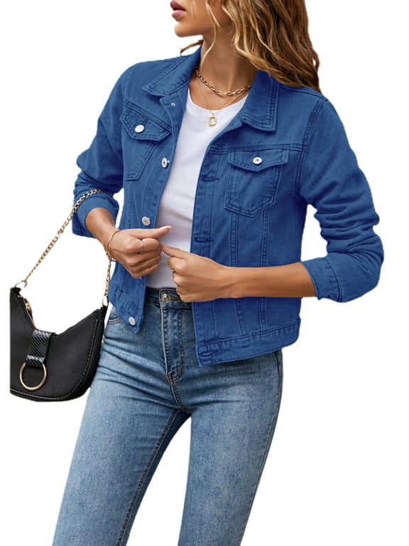 Women Denim Jackets Oversize Long Sleeve Solid Color Basic Button Down Jean Jacket Coat with Pockets