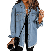CMFSHAPE Women Long Sleeve Denim Jackets Oversized Button Up Jean Jacket