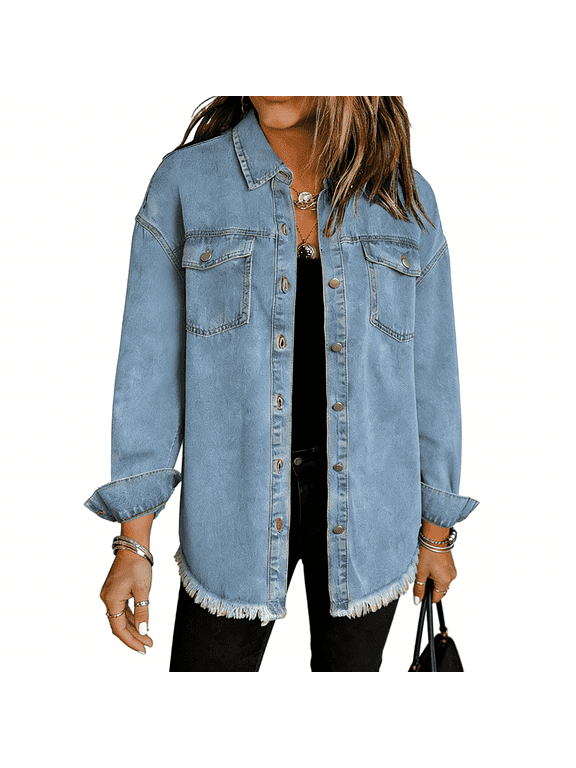 Women Long Sleeve Denim Jackets Oversized Button Up Jean Jacket