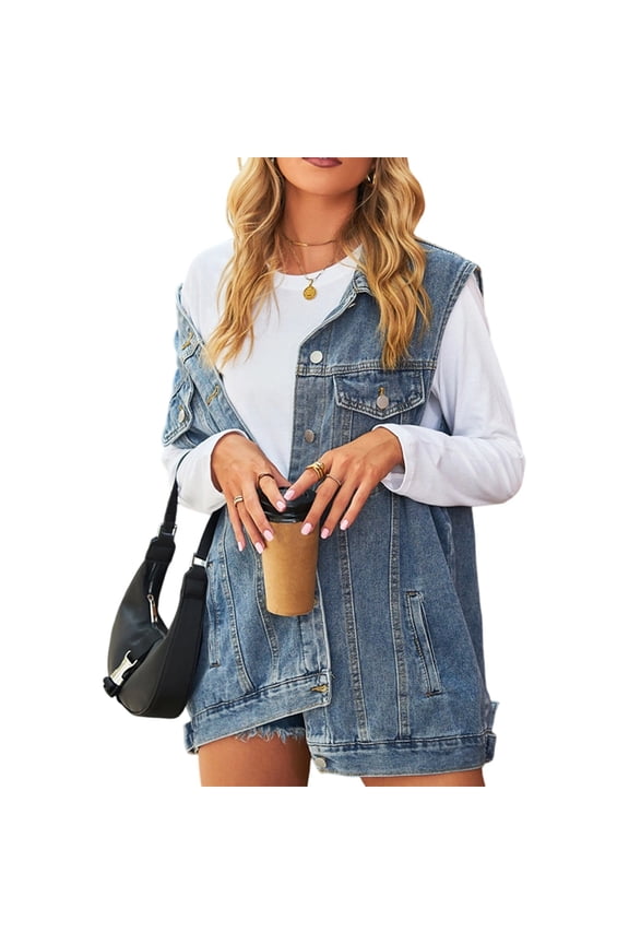 Women Denim Jean Vest Oversized Sleeveless Mid Long Button Down Denim Waistcoat L