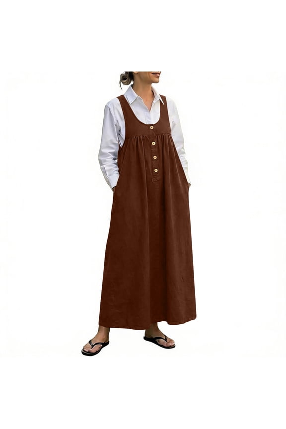 Women Denim Jumper Dress with Adjustable Ties Button Front Pocket Denim Bib Overall Cotton Jean Maxi Pinafore Dress