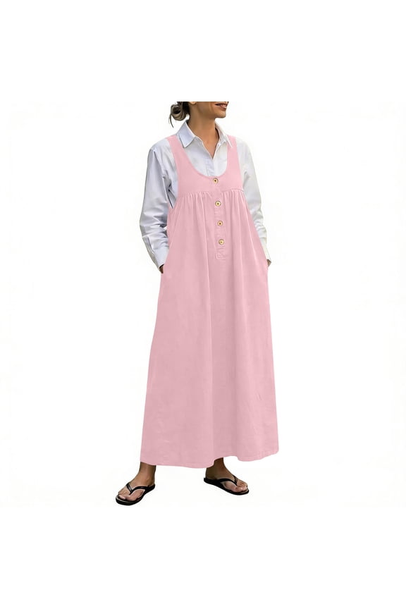 Women Denim Jumper Dress with Adjustable Ties Button Front Pocket Denim Bib Overall Cotton Jean Maxi Pinafore Dress