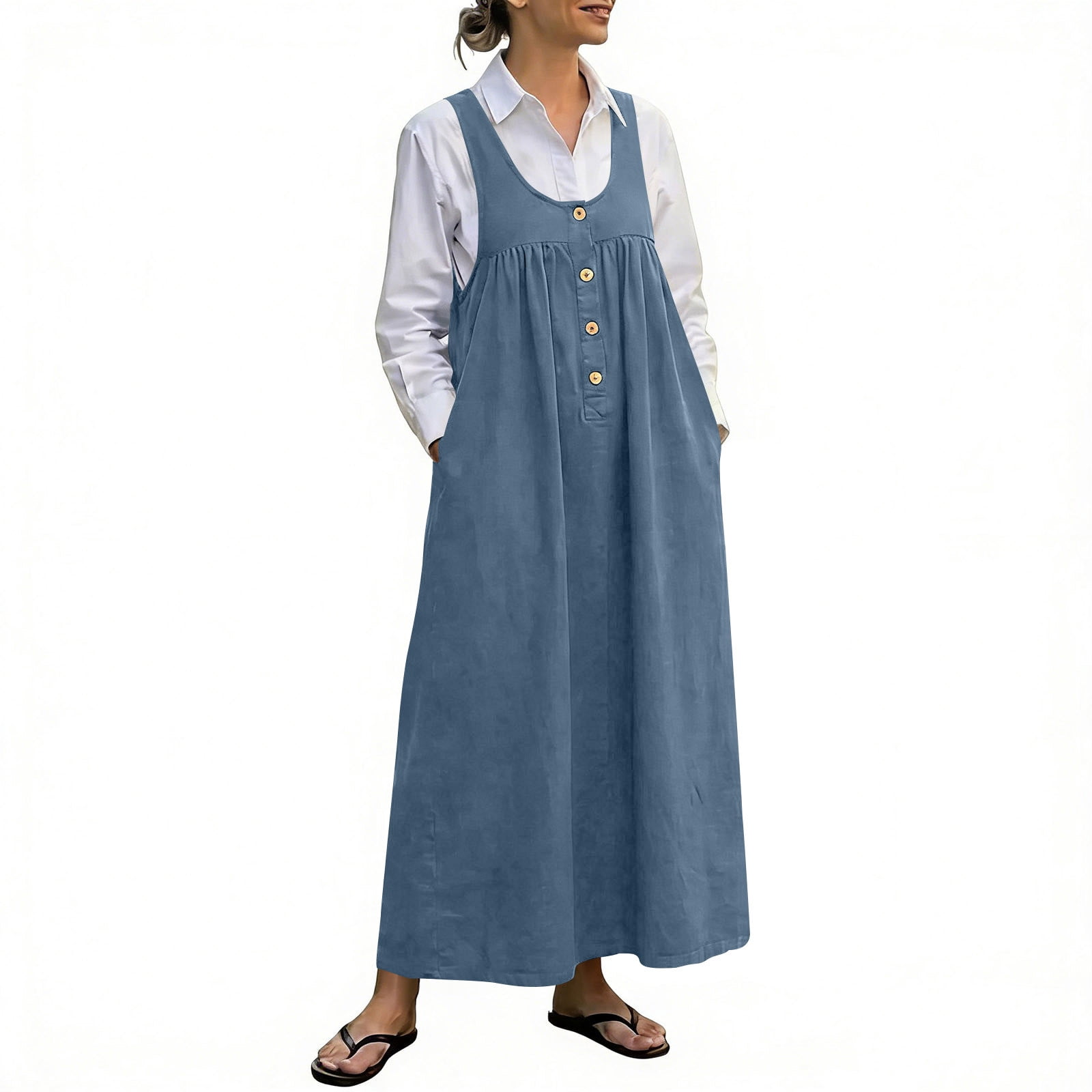 denim jean jumper dress Women Denim Jumper Dress with Adjustable Ties Button Front Pocket Denim Bib  Overall Cotton Jean Maxi Pinafore Dress