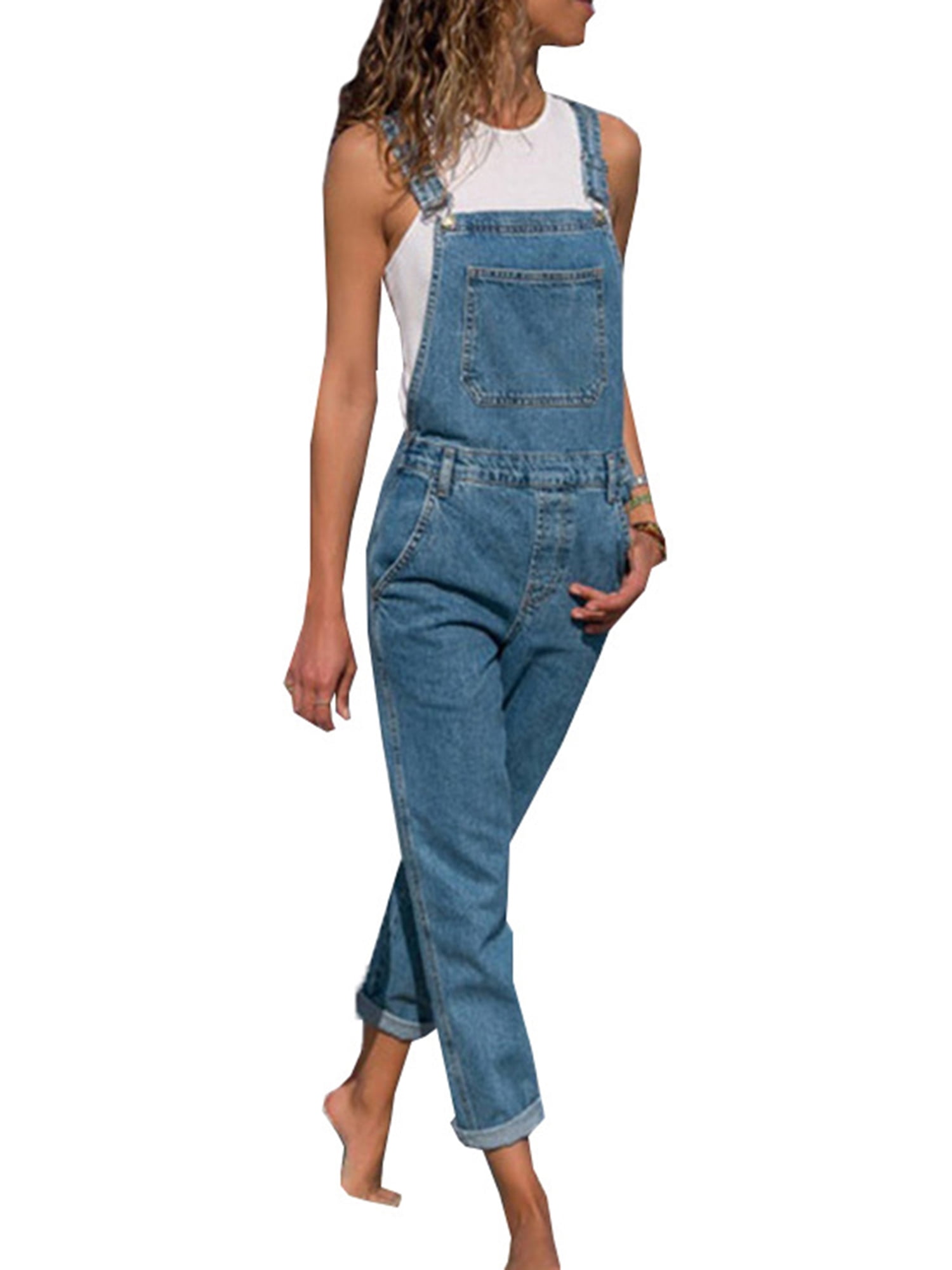 Women Denim Jumpsuit Multi-Pocket Long Bodysuit Solid Color One-Piece Jeans