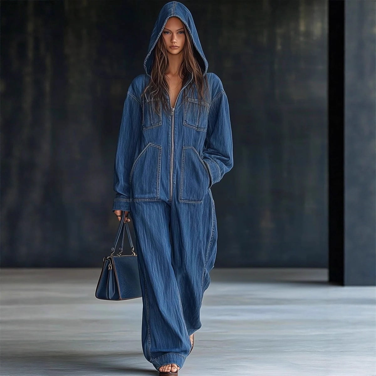 Women Denim Jumpsuit Wide Leg Jean Overall Half Zip Hooded Romper Long Sleeve Zip Up Casual Loose Fit One Piece Outfit with Multiple Functional Pockets for Spring Fall Daily Street Style and Hangouts