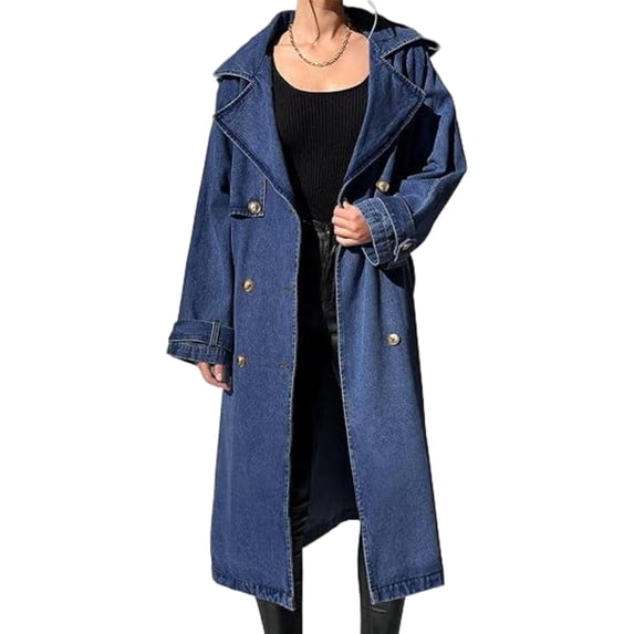 Women Denim Long Coat Buttons Classic Denim Collared Jacket