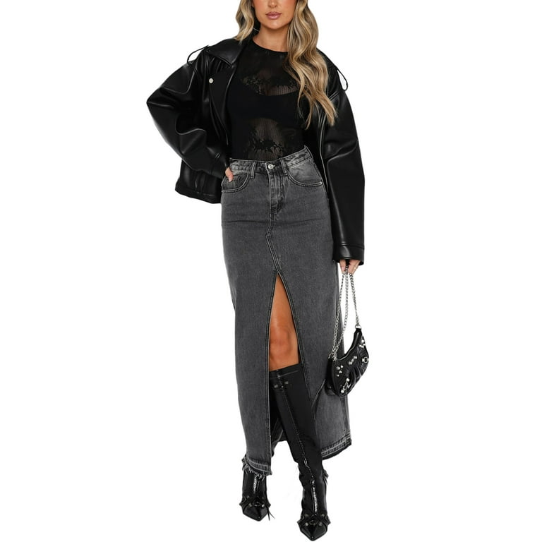 Women Denim Maxi Skirt Casual High Waisted Solid Split Long Jean Skirt  Fashion Retro Streetwear 
