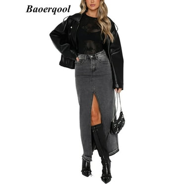 Women Denim Maxi Skirt Casual High Waisted Solid Split Long Jean Skirt Fashion Retro Streetwear