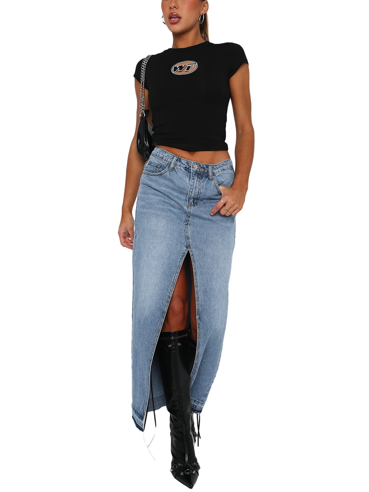 Women Denim Maxi Skirt Casual High Waisted Solid Split Long Jean