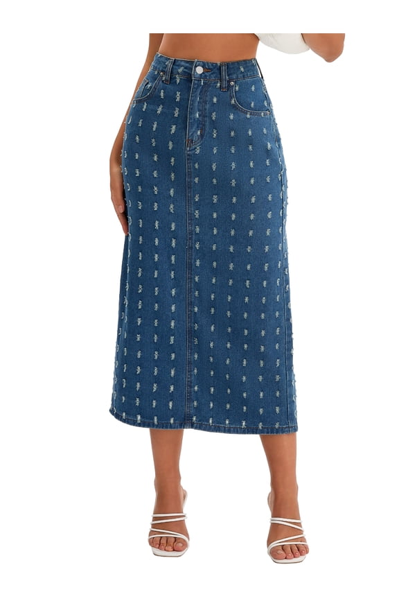 Women Denim Miaxi Skirt High Waisted Swiss Dots Back Slit Casual Jean Column Skirt M Vintage Blue