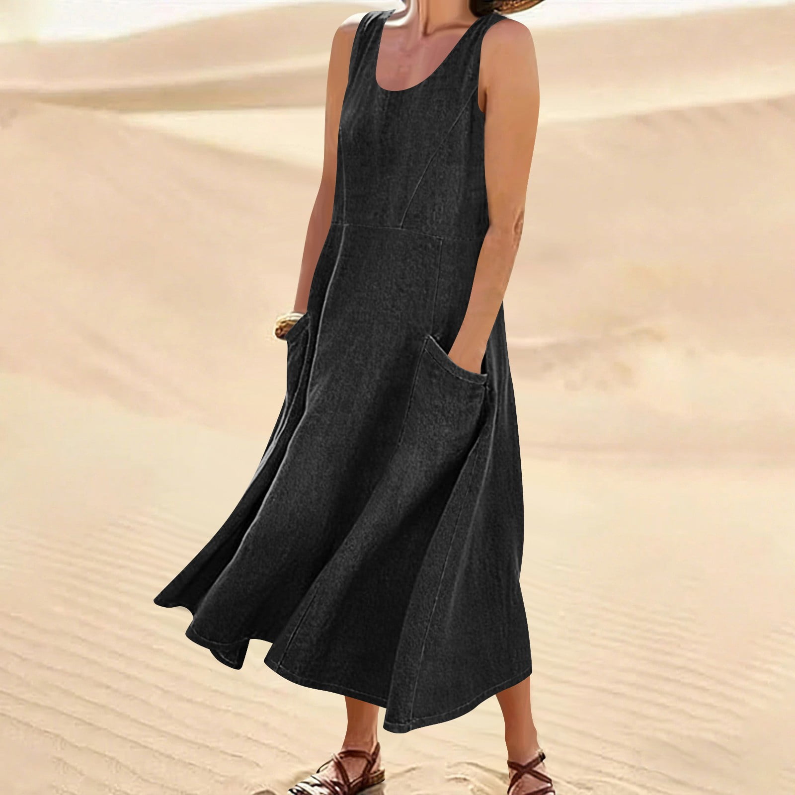 denim jumper midi dress Women Denim Midi Dress Summer Sleeveless Jean Jumper Tunic Sundress Western  Long Shift Tank Dresses with Pocket