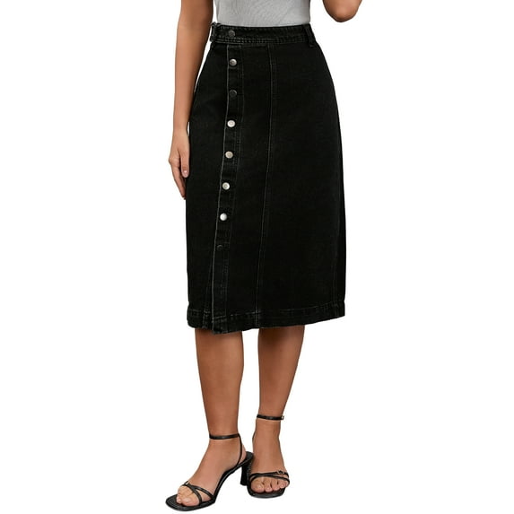 INSPIRE CHIC Women Denim Midi Skirt High Waisted Button Up Casual Slit Jean Skirts S Black