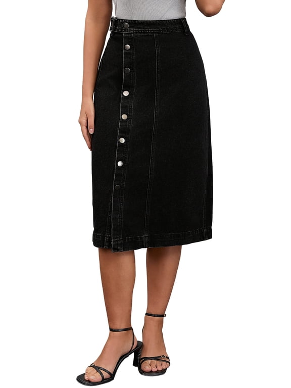 Women Denim Midi Skirt High Waisted Button Up Casual Slit Jean Skirts XL Black