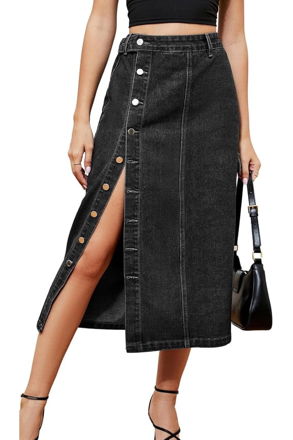 Women Denim Midi Skirt High Waisted Button Up Casual Slit Jean Skirts