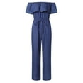 thumbnail image 1 of Women Denim Off Shoulder Rompers Ruffle Slash Neck Drawstring Jumpsuits, 1 of 7