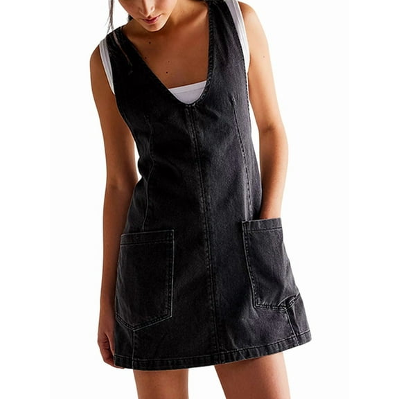 Women Denim Overalls Mini Dress Adjustable Shoulder Straps High Roller Skirtall Casual Jean Romper Dress