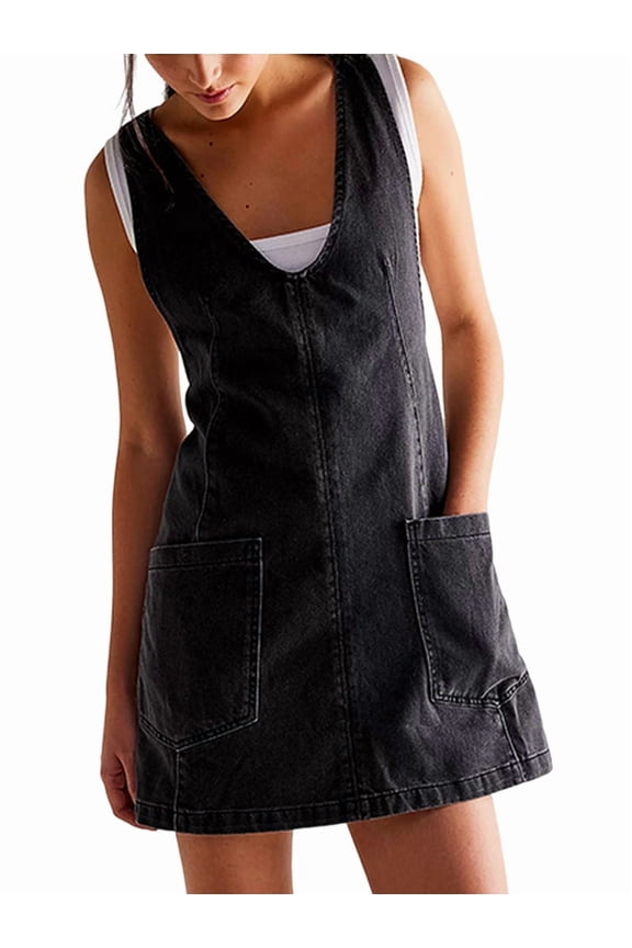 Women Denim Overalls Mini Dress Adjustable Shoulder Straps High Roller Skirtall Casual Jean Romper Dress Black S