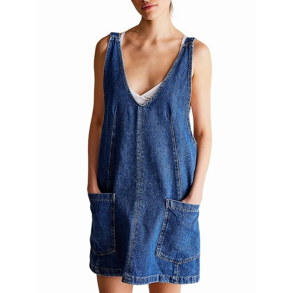 Women Denim Overalls Mini Dress Adjustable Shoulder Straps High Roller Skirtall Casual Jean Romper Dress Dark Blue L