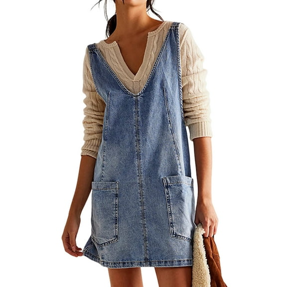 Women Denim Overalls Mini Dress Adjustable Shoulder Straps High Roller Skirtall Casual Jean Romper Dress Light Blue M