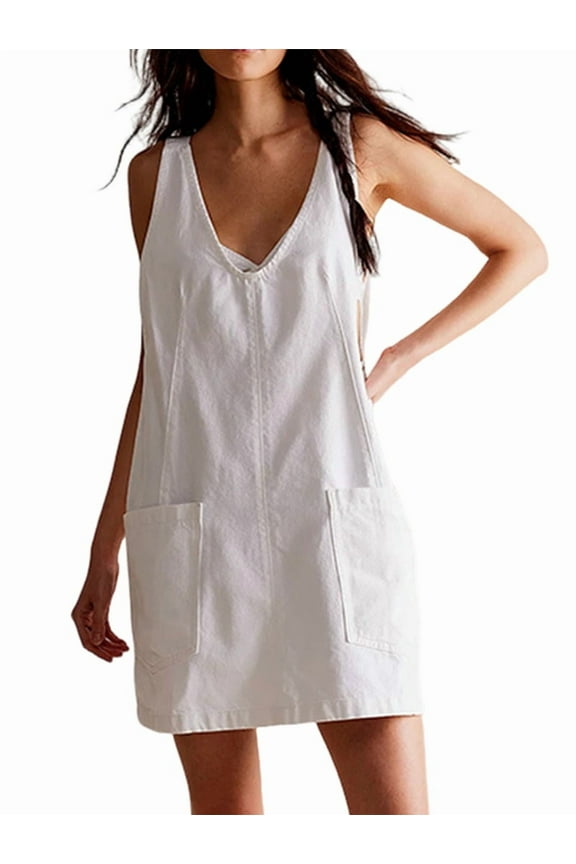 Women Denim Overalls Mini Dress Adjustable Shoulder Straps High Roller Skirtall Casual Jean Romper Dress White S