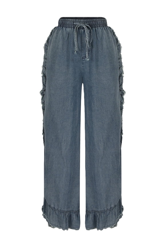 Women Denim Palazzo Pants Jeans Flare Elastic Waist Wide Leg Pants Jeans Flowy Ruffle Pants Denim Blue M